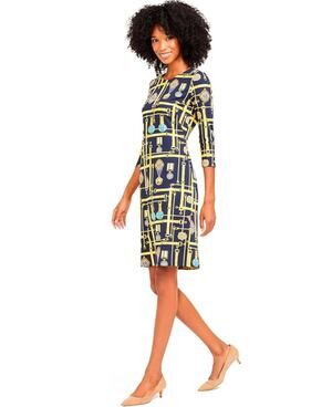 J. McLaughlin Sophia Shift Dress Small Belted Majesty Navy Gold 3/4 Sleeve Work